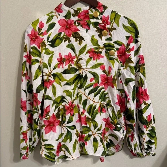 Zara Cottagecore Bold Floral Linen-Blend Button Blouse | Size M - Picture 5 of 6